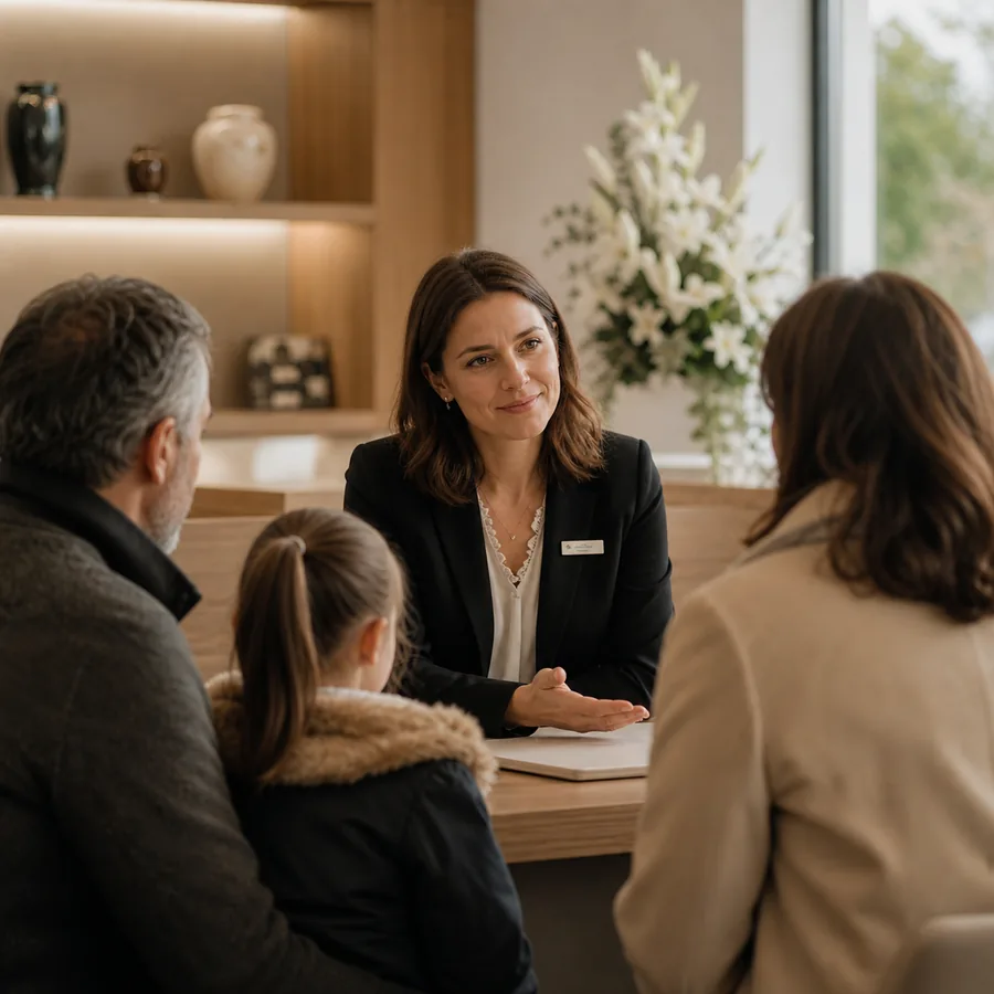 Conseillère Lebaron présentant un devis à une famille
